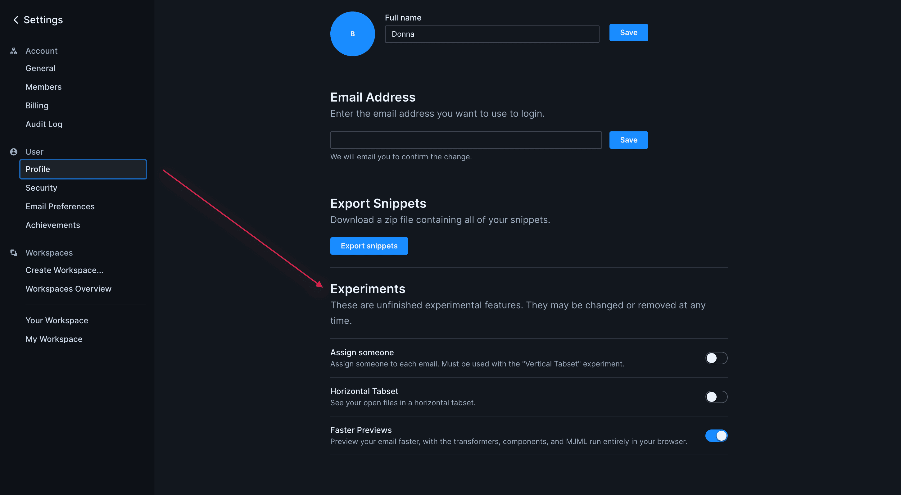 In Account Settings, Profile is selected on the left hand panel under User. At the bottom of the page is a section titled Experiments.