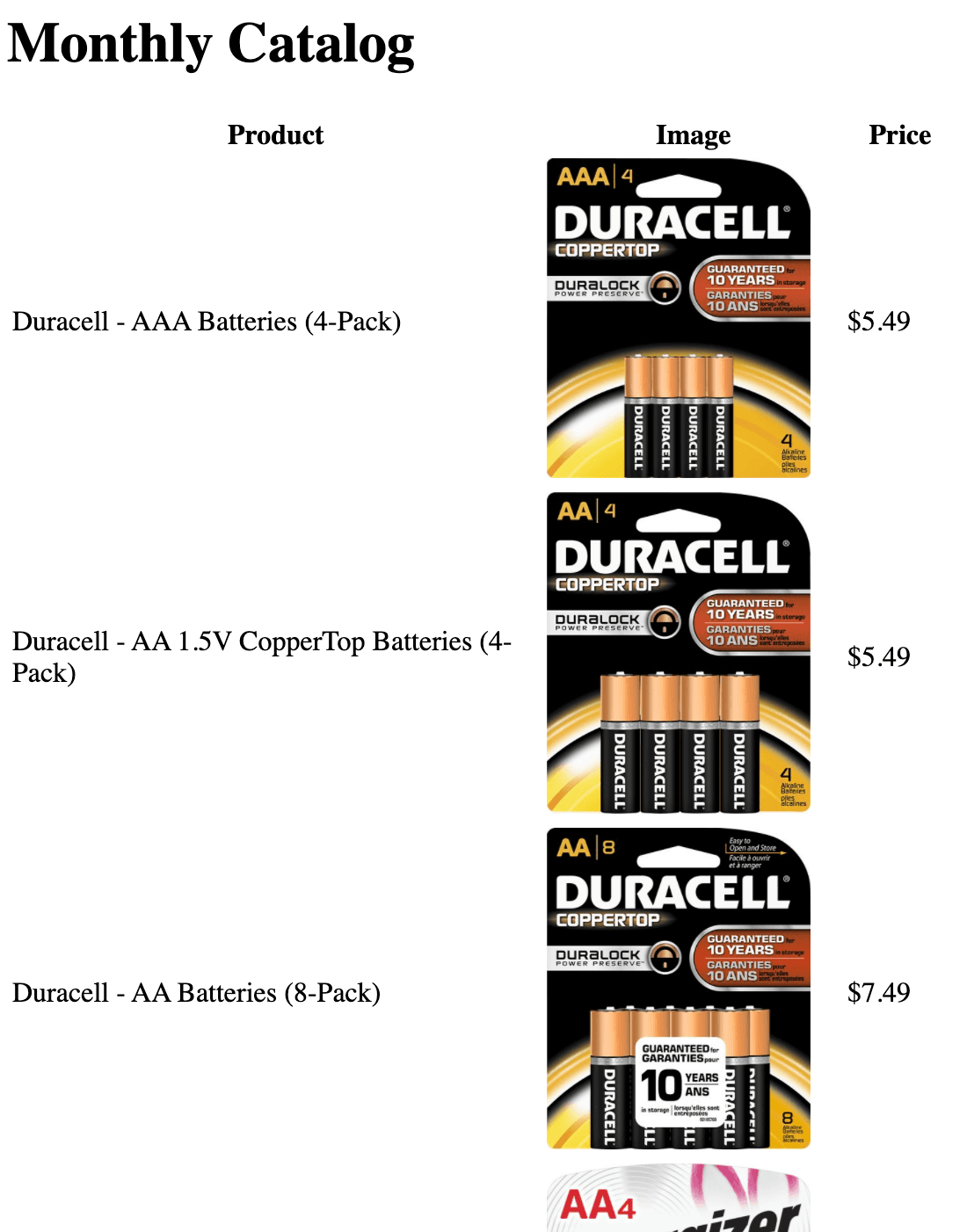 Image of a partial email, titled "Monthly Catalog". The email contains a table three columns labeled "Product", "Image", and "Price". The first four rows of the table are shown, and include names, images, and prices for miscellaneous batteries.