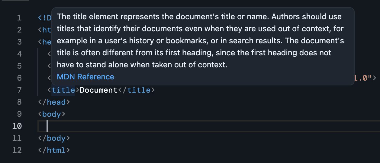 Up close image of the code editor with some simple HTML code. The user has moused over the <title> tag, revealing a overlay with additional information from the MDN reference about that tag.