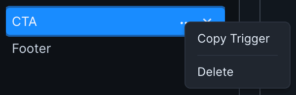 Up close image of the snippets sidebar. A snippet titled CTA has been right clicked, revealing a menu with the options "Copy Trigger" and "Delete".