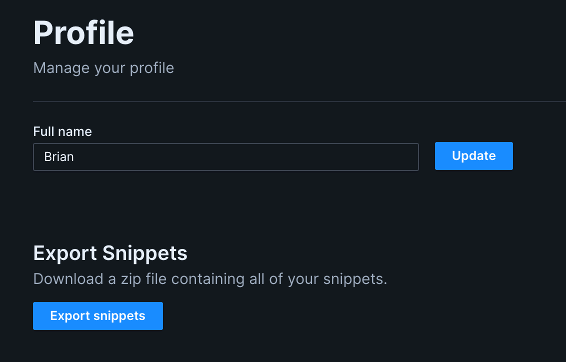 Image of the workspace settings page, which contains several sections. One section, titled "Export Snippets - Download a zip file containing all of your snippets", has an "Export snippets" button.