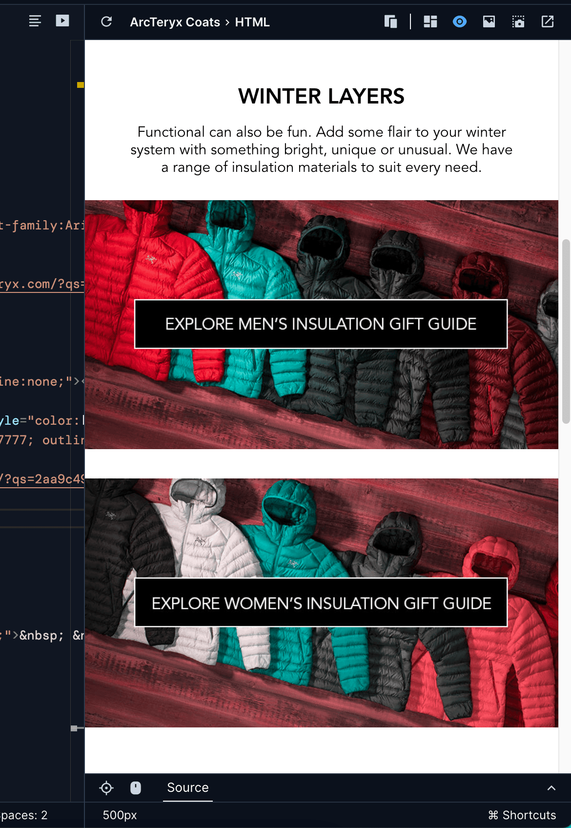 Up close image of the Preview, showing the same email advertising winter jackets. The jackets in the first image now appear red, teal, dark gray, gray, red, and gray. The jackets in the second photo now appear black, white, teal, dark grey, pink, and red.