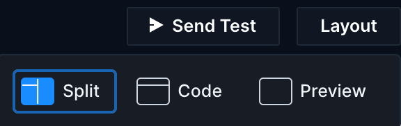 Up close image of the layout button and menu in the upper right corner of the share page. The "Layout" button has been clicked, revealing a menu with three options "Split", "Code", and "Preview".