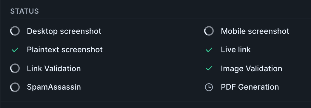 Up close image of the PDF export window status page, which lists the following PDF generation steps: "Desktop screenshot", "Plaintext screenshot", "Link Validation", "SpamAssassin", "Mobile screenshot", "Live link", "Image validation", and "PDF Generation". Some of these items have a clock icon to their left, indicating that portion of the export has not yet started. Some of the items have a spinner, indicating that step is in progress. The remaining items have green check marks to denote their completion.